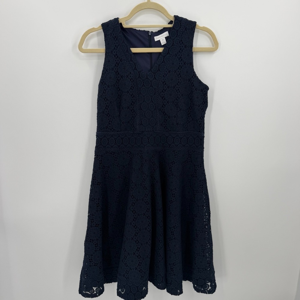 Charter Club Lace Fit Flare Dress size PM Navy Sleeveless V Neck coastal party
